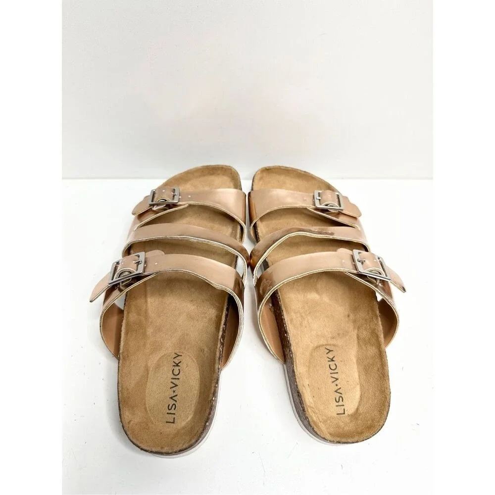 Lisa Vicky Womens Rose Gold Metallic Triple Strap Cork Footbed Sandals Size 6M‎